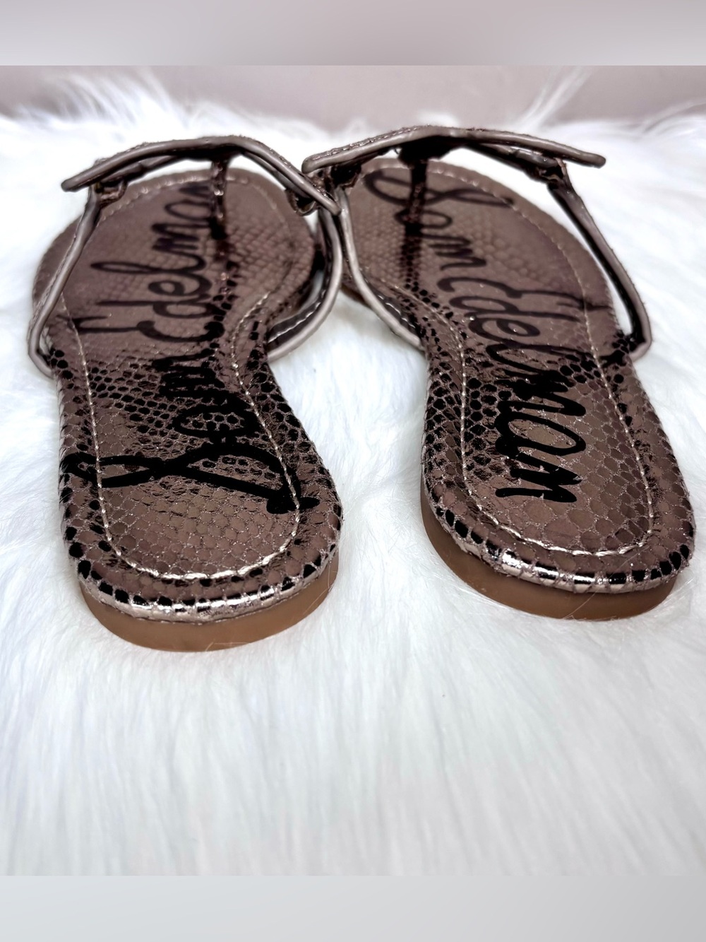 SAM EDELMAN Metallic Snake-Embossed Sandals - Picture 7 of 11